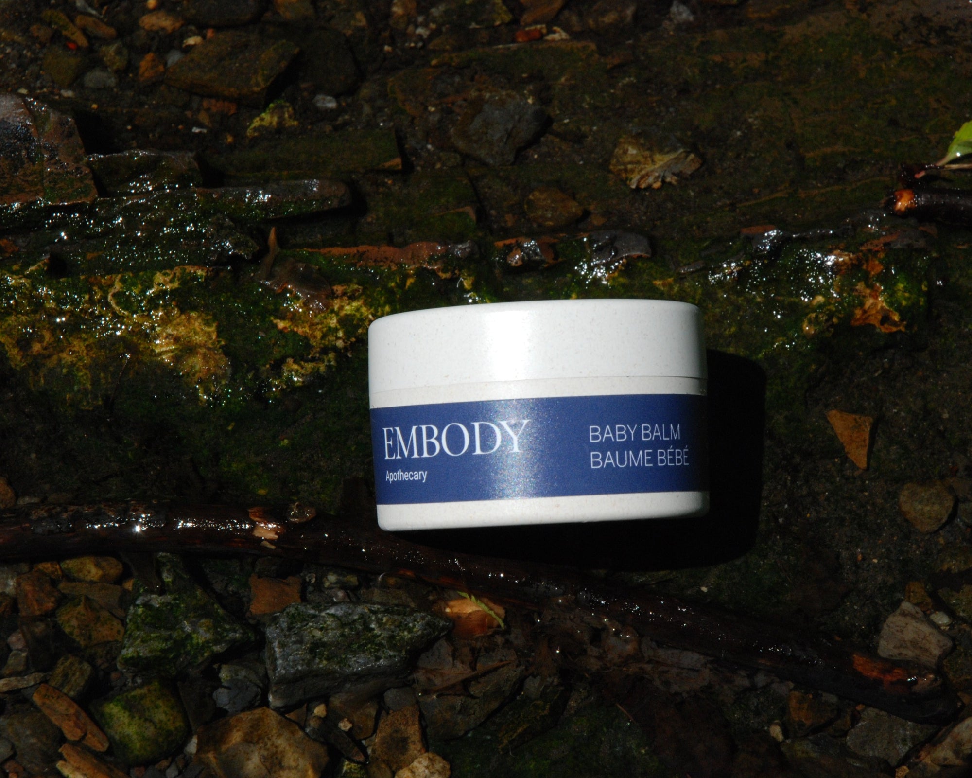 Baby balm sitting in a river.