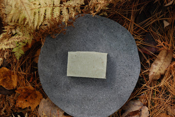 The all-natural cedarwood and sage soap bar sits on in a bed of ferns in a forest.