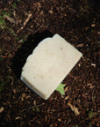 The organic healing honey soap bar sits on the forest floor.