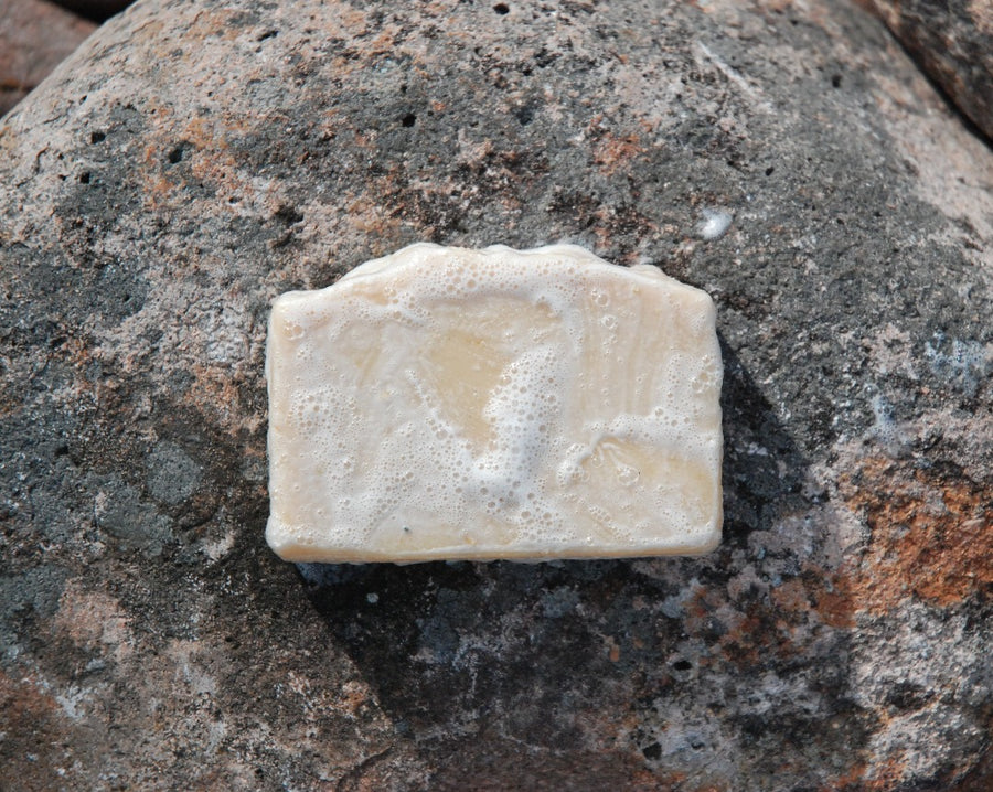 Healing honey soap bar showing it's perfect lather while sitting on a rock.